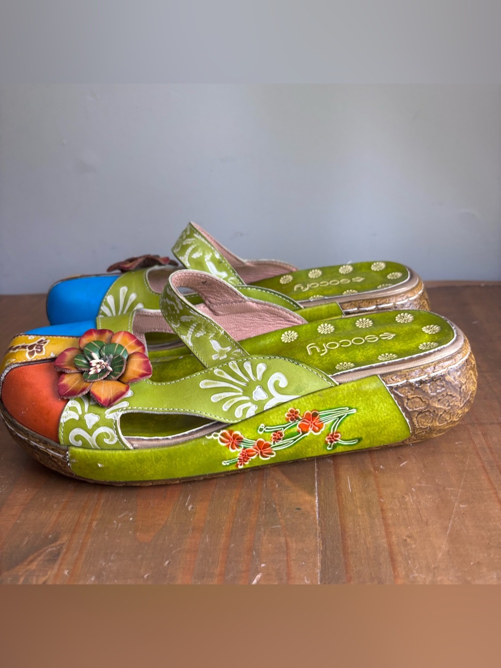 Socofy Floral Golden Blossom Clogs Shoes-Leather-Women's Size 9-9.5-Boho/Fairy